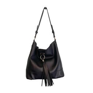 Lulu Dharma Womens Leather Tasseled Shoulder Handbag Bucket Bag Black One Size